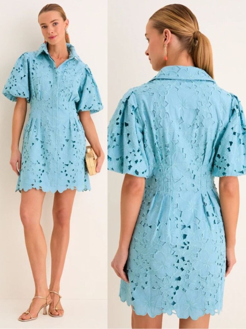 Tuckernuck Mini Delaney Dress Cameo Blue Eyelet Puff Sleeve Scallop NWT Size S